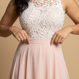 Vestido Largo Encaje Guipur Cuerpo Chifón Falda Vuelo Mujer