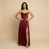 Vestido Largo Satén Escote Cowl Abertura Lateral Tirantes Mujer