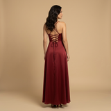 Vestido Largo Satén Escote Cowl Abertura Lateral Tirantes Mujer
