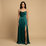 Vestido Largo Satén Escote Cowl Abertura Lateral Tirantes Mujer