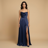 Vestido Largo Satén Escote Cowl Abertura Lateral Tirantes Mujer
