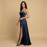 Vestido Largo Satén Escote Cowl Abertura Lateral Tirantes Mujer