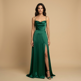Vestido Largo Satén Escote Cowl Abertura Lateral Tirantes Mujer