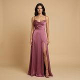 Vestido Largo Satén Escote Cowl Abertura Lateral Tirantes Mujer
