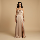 Vestido Largo Satén Escote Cowl Abertura Lateral Tirantes Mujer