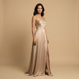 Vestido Largo Satén Escote Cowl Abertura Lateral Tirantes Mujer