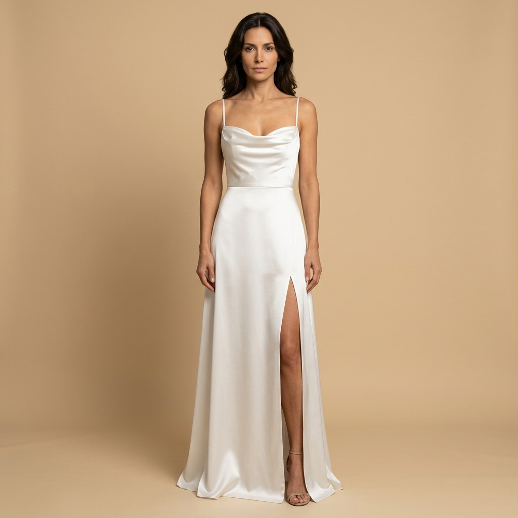 Vestido Largo Satén Escote Cowl Abertura Lateral Tirantes Mujer