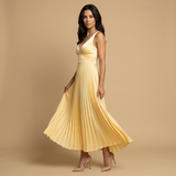 Vestido Midi Plisado Escote V Tirantes Finos Cintura Alta Mujer