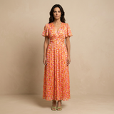 Vestido Largo Floral Escote V Cruzado Manga Mariposa Mujer