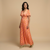 Vestido Largo Floral Escote V Cruzado Manga Mariposa Mujer
