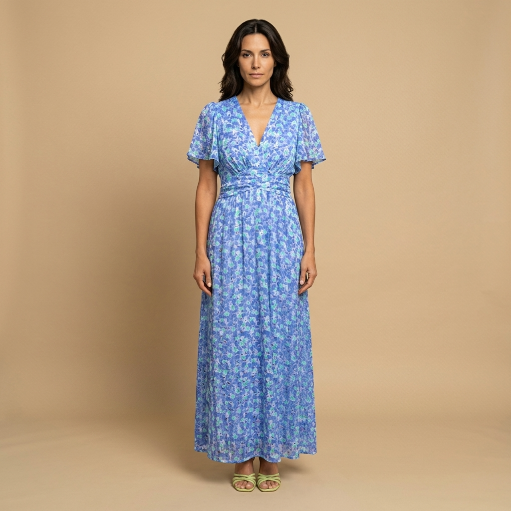 Vestido Largo Floral Escote V Cruzado Manga Mariposa Mujer