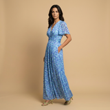 Vestido Largo Floral Escote V Cruzado Manga Mariposa Mujer