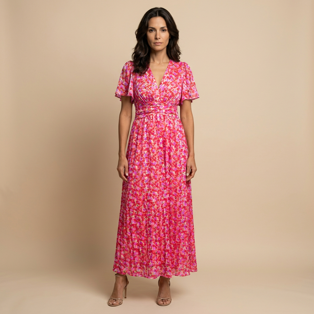 Vestido Largo Floral Escote V Cruzado Manga Mariposa Mujer