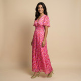 Vestido Largo Floral Escote V Cruzado Manga Mariposa Mujer
