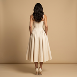 Vestido Midi Corset Palabra Honor Falda Vuelo Bolsillos Mujer