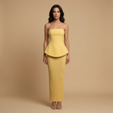 Vestido Largo Palabra Honor Peplum Falda Acanalada Mujer