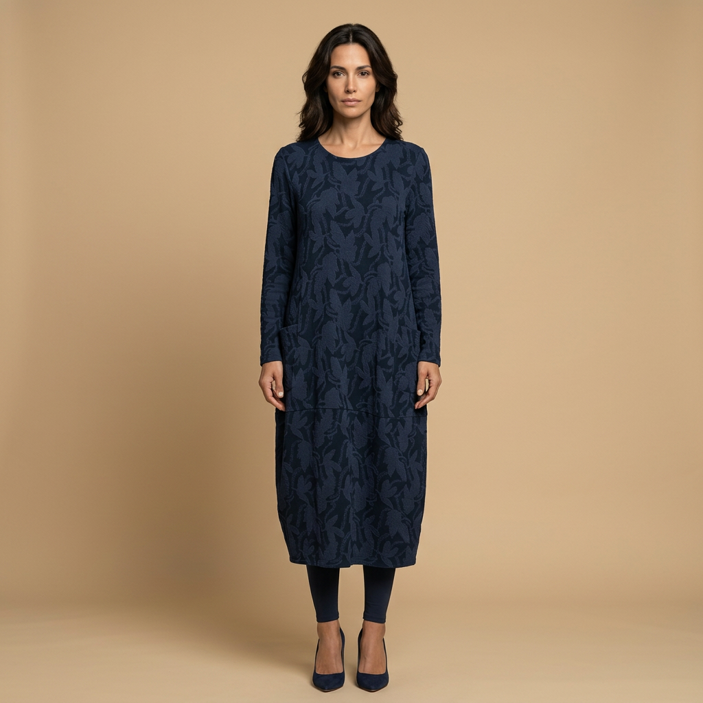 Vestido Midi Jacquard Manga Larga Bolsillos Mujer
