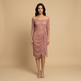 Vestido Midi Off Shoulder Glitter Drapeado Asimétrico Mujer