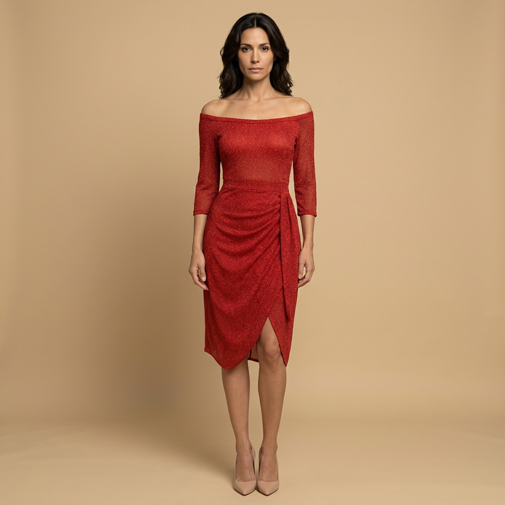 Vestido Midi Off Shoulder Glitter Drapeado Asimétrico Mujer
