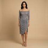 Vestido Midi Off Shoulder Glitter Drapeado Asimétrico Mujer