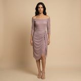 Vestido Midi Off Shoulder Glitter Drapeado Asimétrico Mujer