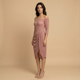 Vestido Midi Off Shoulder Glitter Drapeado Asimétrico Mujer