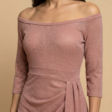 Vestido Midi Off Shoulder Glitter Drapeado Asimétrico Mujer