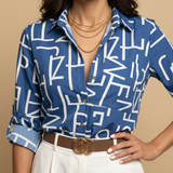 Blusa Camisera Estampado Geométrico Abstracto Manga Larga Mujer