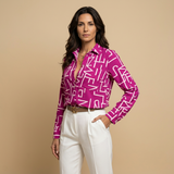 Blusa Camisera Estampado Geométrico Abstracto Manga Larga Mujer