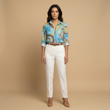 Blusa Camisera Estampado Geométrico Abstracto Manga Larga Mujer