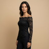 Top Encaje Off Shoulder Manga Larga Borde Festoneado Mujer