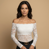 Top Encaje Off Shoulder Manga Larga Borde Festoneado Mujer
