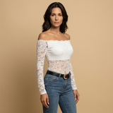 Top Encaje Off Shoulder Manga Larga Borde Festoneado Mujer
