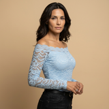 Top Encaje Off Shoulder Manga Larga Borde Festoneado Mujer