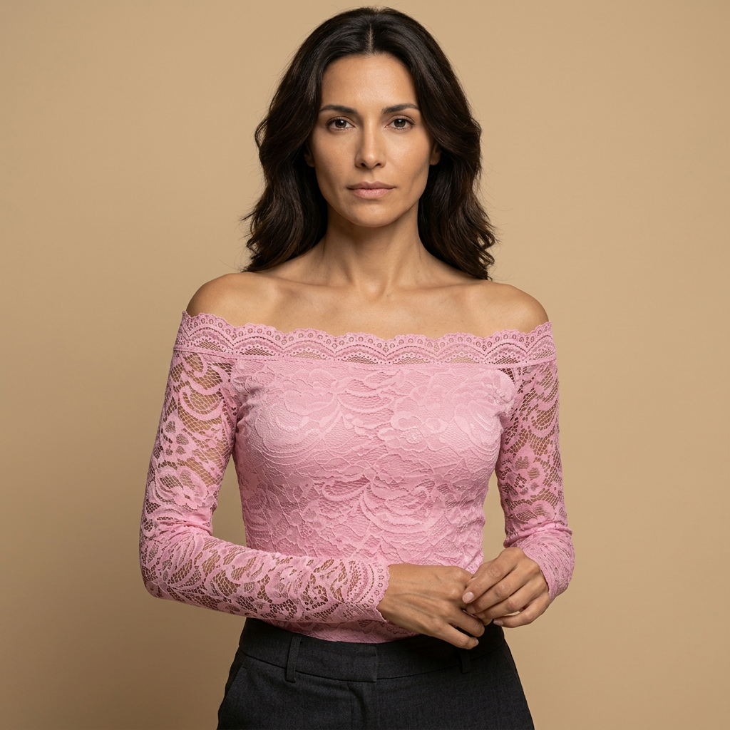 Top Encaje Off Shoulder Manga Larga Borde Festoneado Mujer