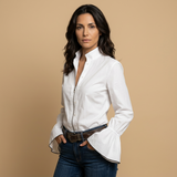 Blusa Blanca Cremallera Frontal Cuello Volante Puños Campana Mujer