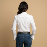 Blusa Blanca Cremallera Frontal Cuello Volante Puños Campana Mujer