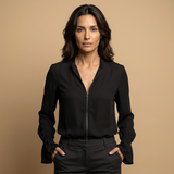 Blusa Blanca Cremallera Frontal Cuello Volante Puños Campana Mujer