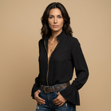 Blusa Blanca Cremallera Frontal Cuello Volante Puños Campana Mujer