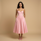 Vestido Midi Corset Bustier Tirantes Finos Falda Vuelo Bolsillos Mujer