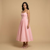 Vestido Midi Corset Bustier Tirantes Finos Falda Vuelo Bolsillos Mujer