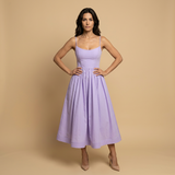 Vestido Midi Corset Bustier Tirantes Finos Falda Vuelo Bolsillos Mujer