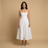 Vestido Midi Corset Bustier Tirantes Finos Falda Vuelo Bolsillos Mujer