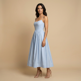 Vestido Midi Corset Bustier Tirantes Finos Falda Vuelo Bolsillos Mujer