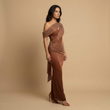 Vestido Largo Un Hombro Corset Drapeado Cola Lateral Lurex Mujer