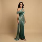 Vestido Largo Un Hombro Corset Drapeado Cola Lateral Lurex Mujer