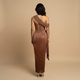 Vestido Largo Un Hombro Corset Drapeado Cola Lateral Lurex Mujer