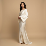 Vestido Largo Satén Manga Ángel Escote Cowl Corte Bias Mujer