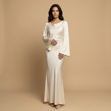 Vestido Largo Satén Manga Ángel Escote Cowl Corte Bias Mujer