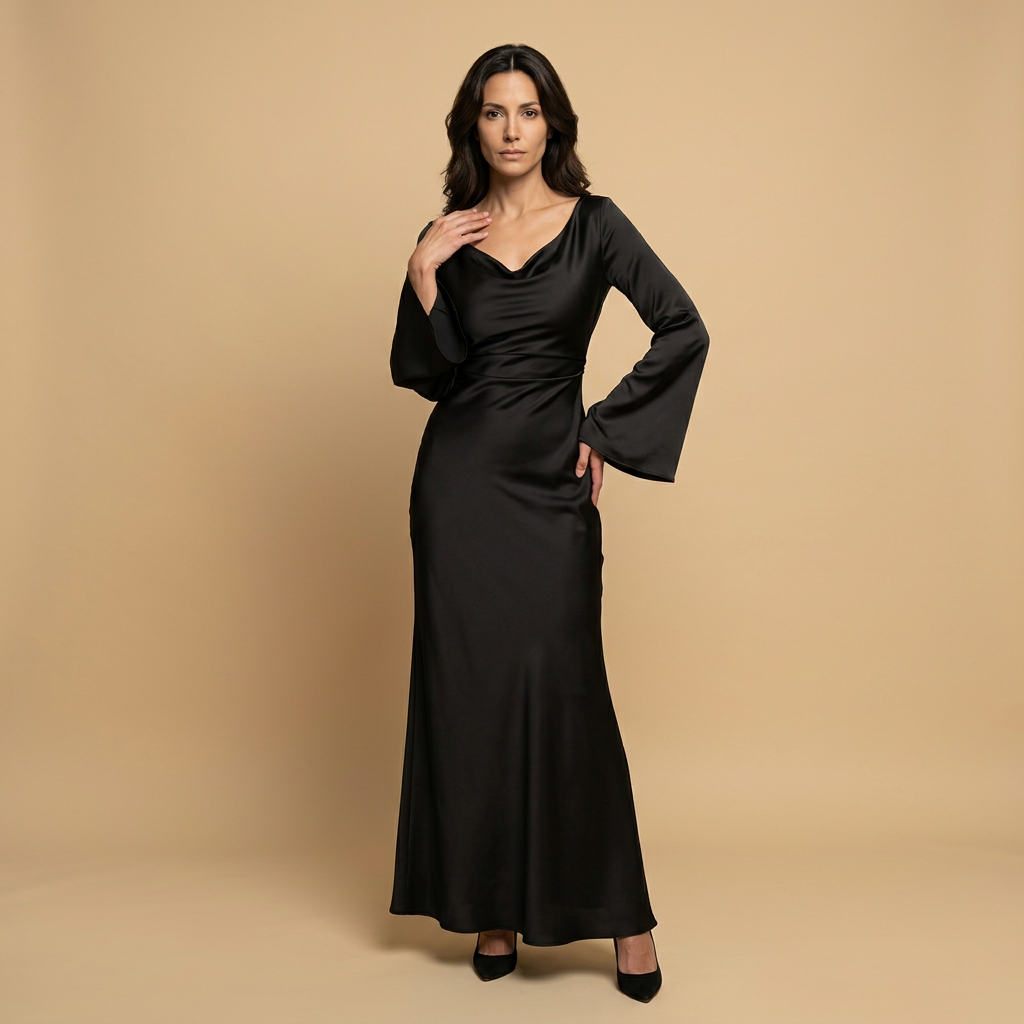 Vestido Largo Satén Manga Ángel Escote Cowl Corte Bias Mujer